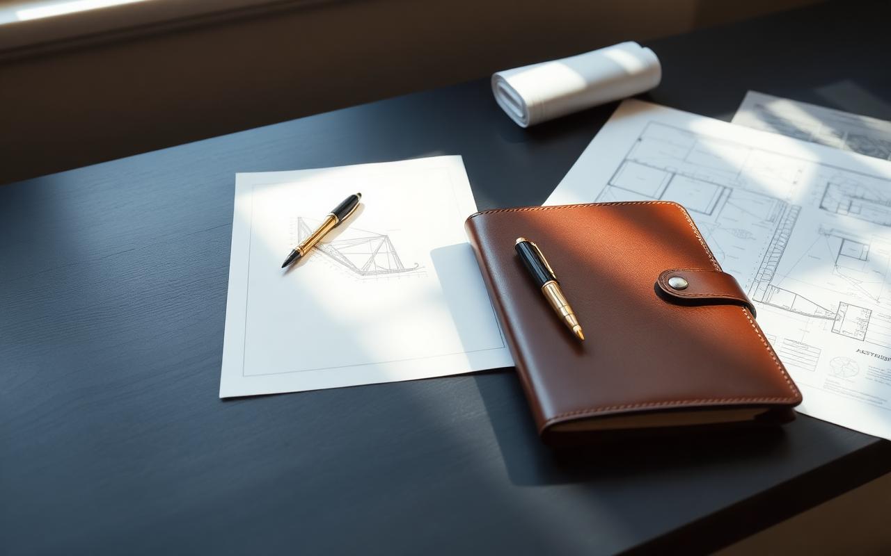 Architectural blueprints and a leather portfolio on a desk