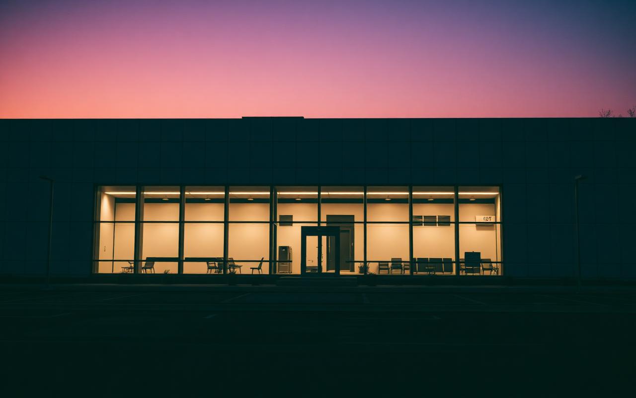 Vacant commercial building at twilight